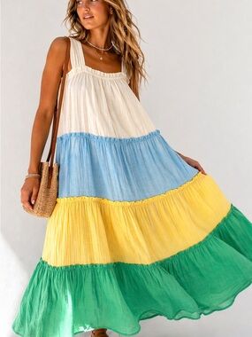 Blu Pepper Tiered Maxi Dress
Colorblock Blue Yellow Green Boho Summer Large